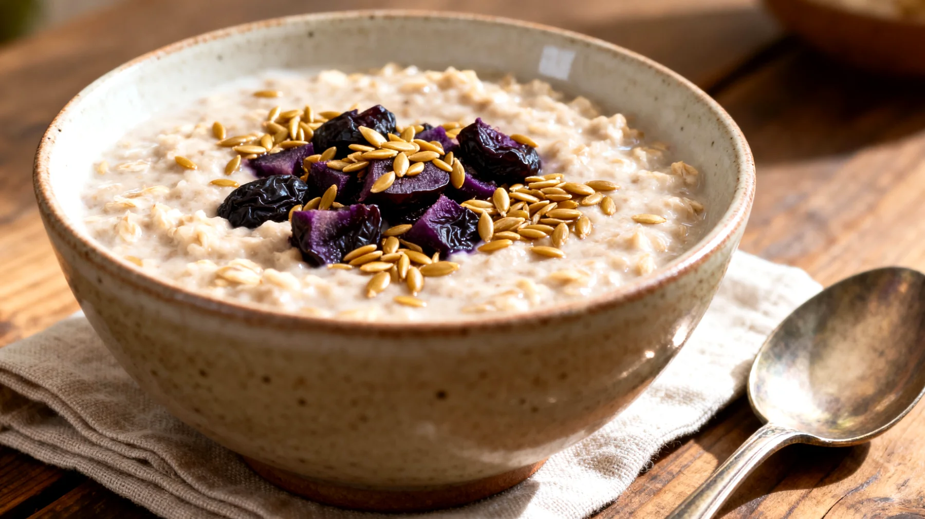 Porridge d'avoine aux graines de lin et pruneaux"